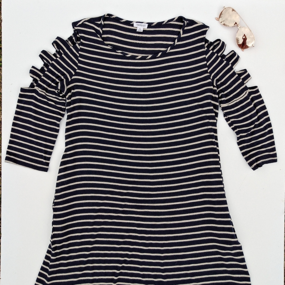 XL Striped A Line Scoop Neck 3/4 Sleeve Dress with Pockets  WESTPORT